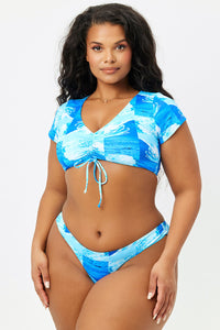 Ryan Tie Front Short Sleeve Waves Bikini Top Extended