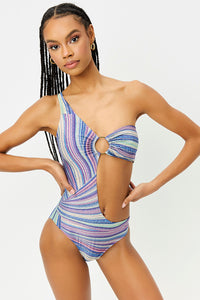 Seraphina Shimmy Blue Lurex One Piece With Center Ring Detailing