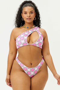 Syd One Shoulder Bikini Top Terry Pink Daisy Extended
